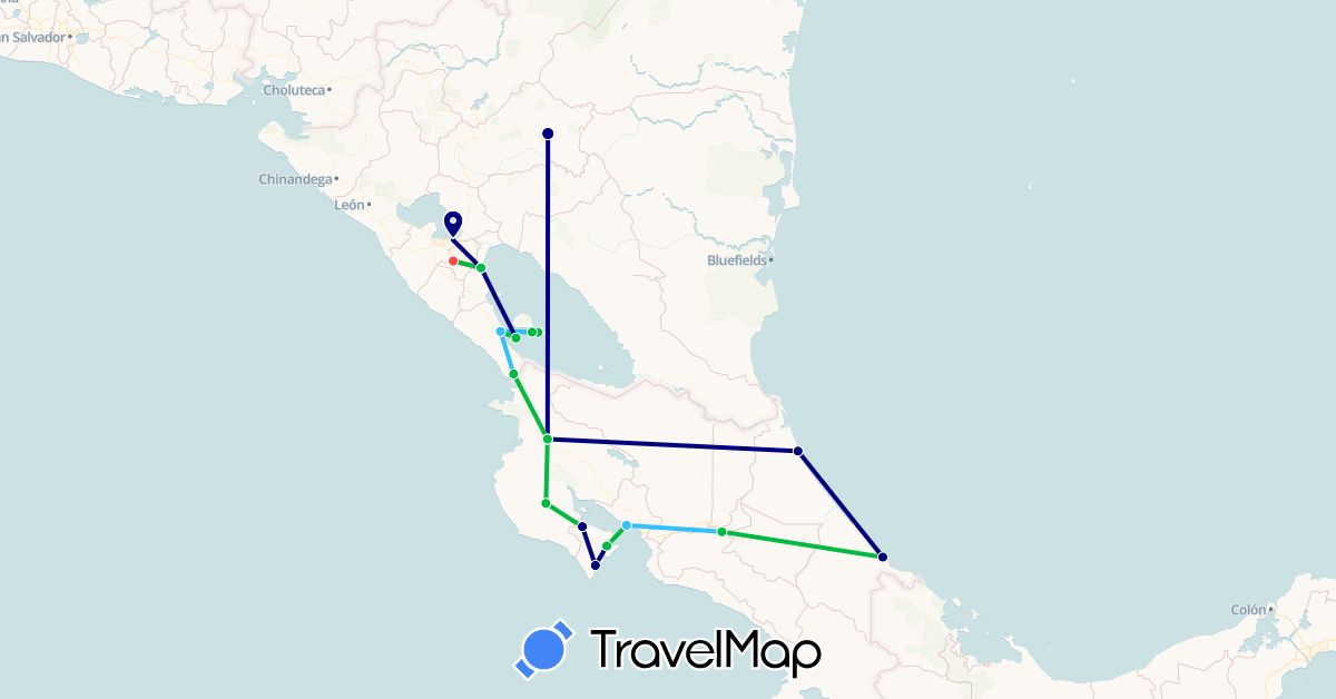 TravelMap itinerary: driving, bus, hiking, boat in Costa Rica, Nicaragua (North America)